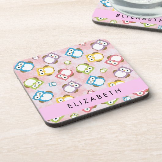 Niedliche Eulen, Eule-Muster, farbenfrohe Eulen, I Getränkeuntersetzer (Linke Seite)