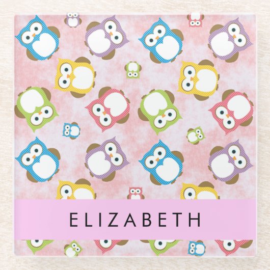 Niedliche Eulen, Eule-Muster, farbenfrohe Eulen, I Glasuntersetzer (Vorderseite)