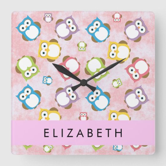 Niedliche Eulen, Eule-Muster, farbenfrohe Eulen, I Quadratische Wanduhr (Vorderseite)