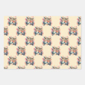 Niedliche Eulen mit quadratischem Muster lila Geschenkpapier Set (Vorderseite)