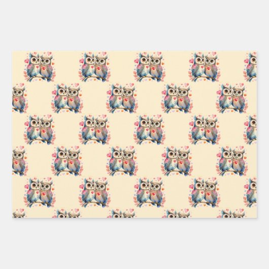 Niedliche Eulen mit quadratischem Muster lila Geschenkpapier Set (Vorderseite)