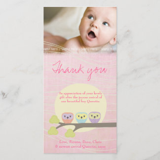 Niedliche Eulen-rosa Baby danken Ihnen Foto-Karte Dankeskarte