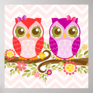 Niedliche Eulen - Rosa und Lila Girls - Wall Poste Poster