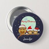 Niedliche Eulenfamilie mit Weihnachtsmannmützen u. Button (Vorne & Hinten)