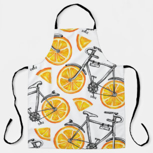 Niedliche Fahrräder mit orangefarbenen Rädern. Was Schürze