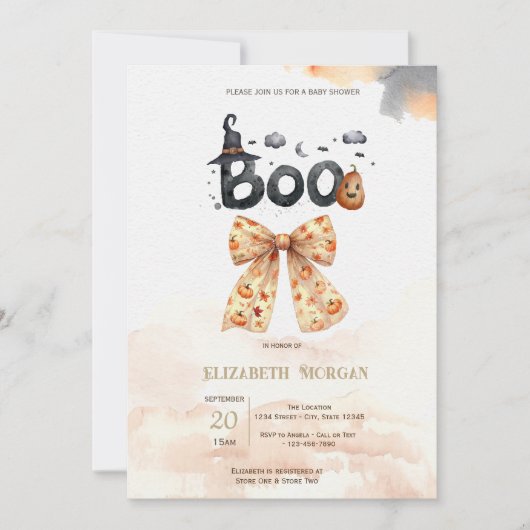 Niedliche Fall Pumpkins Bow Boo Baby Dusche Einladung (Vorderseite)
