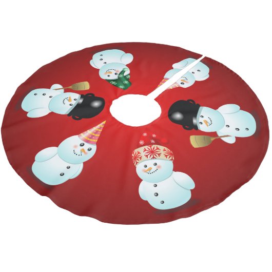 Niedliche Familie von Snowmen Polyester Weihnachtsbaumdecke (Schrägansicht)