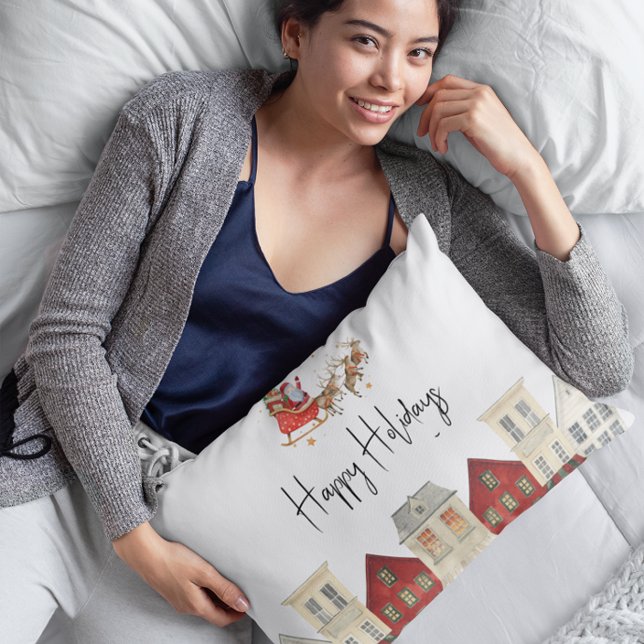 Niedliche Familienfeste Dekokissen (fun and festive christmas pillow , with santa and reindeers flying, modern stylish watercolor,
)