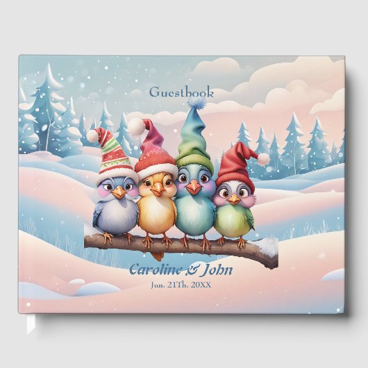 Niedliche Fantasievögel mit Weihnachtshüten. Gästebuch (Vorderseite)