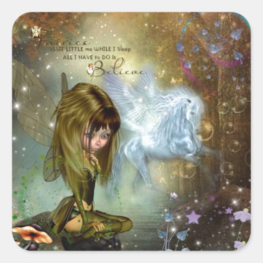 Niedliche Fantasy Fairy & Pegasus Glaube Zitat Quadratischer Aufkleber (Vorderseite)