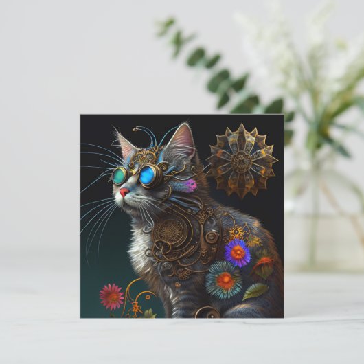 Niedliche Fantasy-Steampunkatze und Blume KI-Kunst (Stehend Vorderseite)