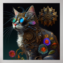 Niedliche Fantasy-Steampunkatze und Blume KI-Kunst