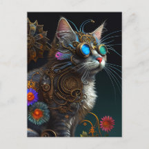 Niedliche Fantasy-Steampunkatze und Blume KI-Kunst