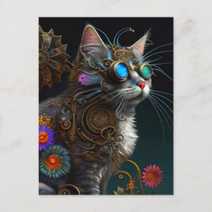 Niedliche Fantasy-Steampunkatze und Blume KI-Kunst Postkarte