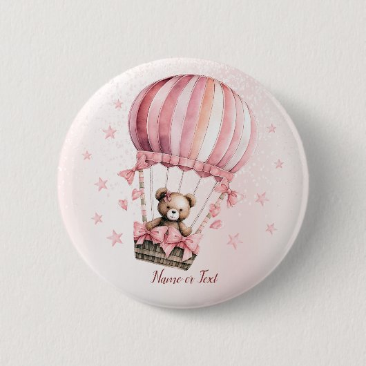 Niedliche Farbe Rosa Teddy Bär Heißluftballon Button (Vorderseite)