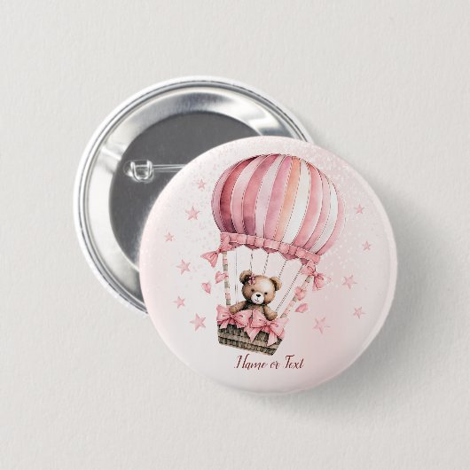 Niedliche Farbe Rosa Teddy Bär Heißluftballon Button (Vorne & Hinten)
