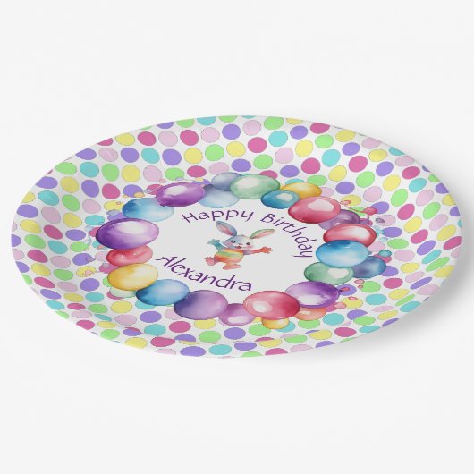 Niedliche Farben Wasserfarbe Bunny und Polka Punkt Pappteller (Schrägansicht)