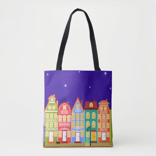 Niedliche farbenfrohe Altstadt Night Walking Cat B Tasche (Vorderseite)
