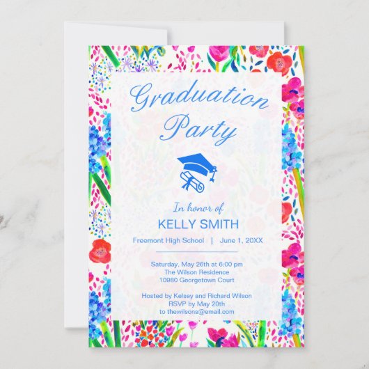 Niedliche farbenfrohe Aquarell Blume Graduierungsp Einladung (Vorderseite)