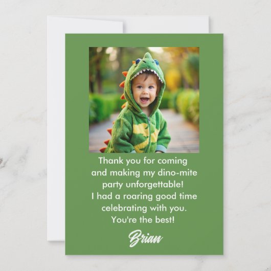 Niedliche farbenfrohe Dinosaurier Junge erster Geb Dankeskarte (Rückseite)