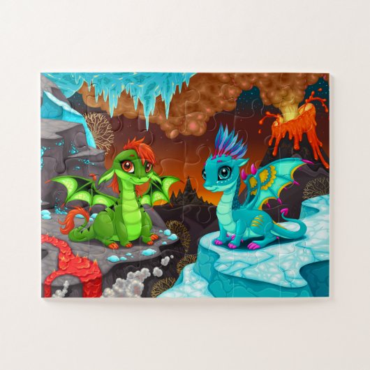 Niedliche farbenfrohe Drachen Vulkantal Puzzle (Horizontal)