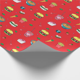 Niedliche, farbenfrohe Essgewohnheiten auf Rot Geschenkpapier