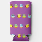 Niedliche, farbenfrohe Eule auf lila Selters Dosenkühler (Vorderseite)