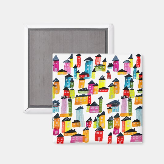 Niedliche farbenfrohe Häuser Aquarellkunst Magnet (Vorderseite/Rückseite)