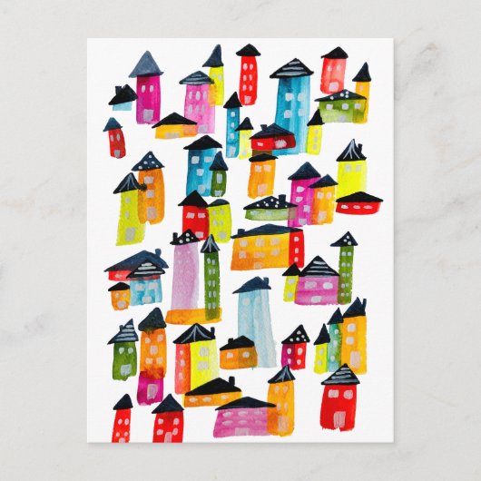 Niedliche farbenfrohe Häuser Aquarellkunst Postkarte (Vorderseite)