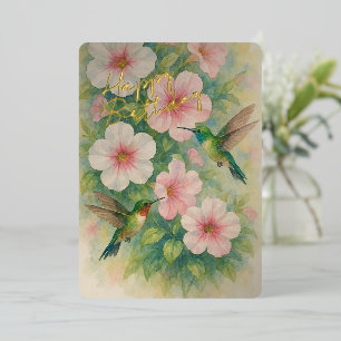 Niedliche farbenfrohe Hummingbirds Gold Foil Gebur Folien Feiertagskarte