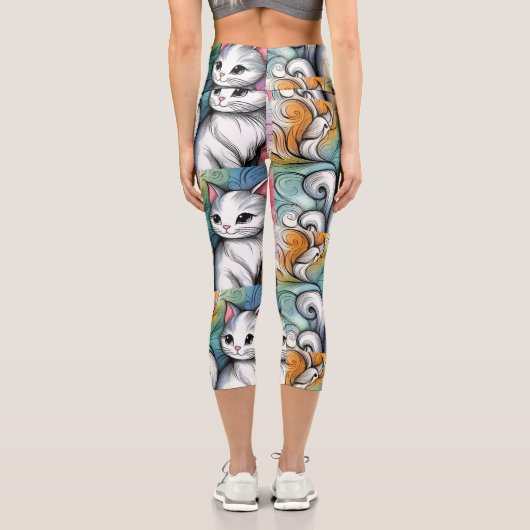 niedliche, farbenfrohe Katzendoodle-Kunstpat Capri Leggings (Rückseite)