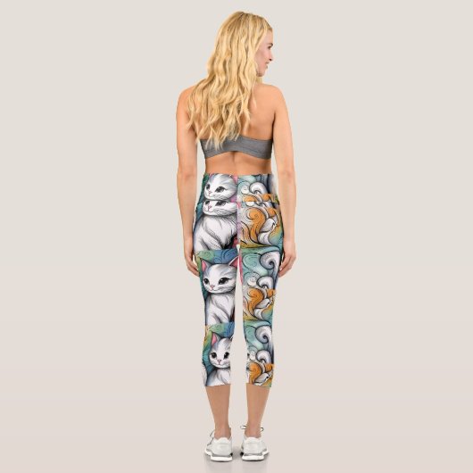 niedliche, farbenfrohe Katzendoodle-Kunstpat Capri Leggings (Rückseite)