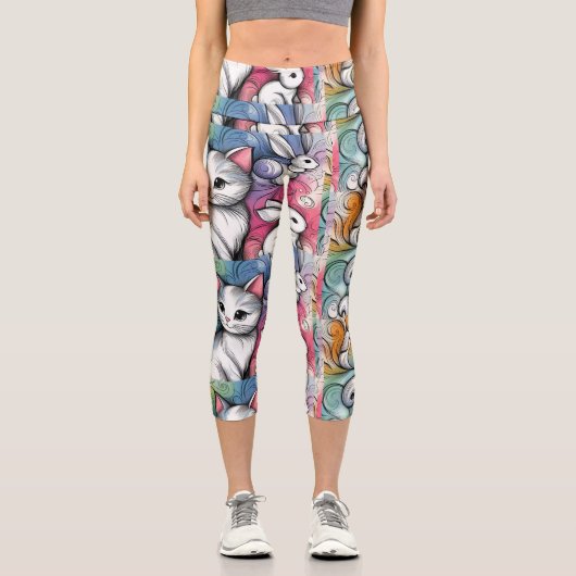 niedliche, farbenfrohe Katzendoodle-Kunstpat Capri Leggings (Vorderseite)