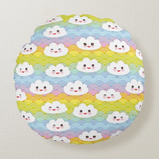 Niedliche Farbenfrohe Kawaii Emoji Clouds Muster Rundes Kissen (Vorderseite)