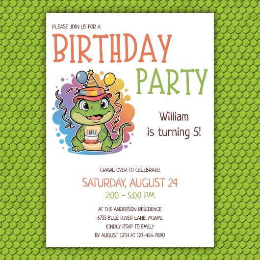 Niedliche farbenfrohe Kinder Reptilien Thema Gebur Einladung
