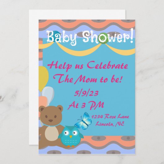 Niedliche, farbenfrohe Kinderdusche Einladung (Vorne/Hinten)