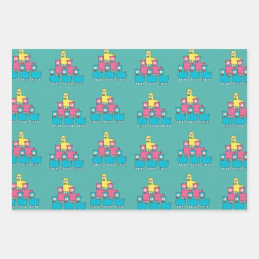 Niedliche, farbenfrohe Lama-Alpaca-Tiere aquamarin Geschenkpapier Set (Vorderseite 2)
