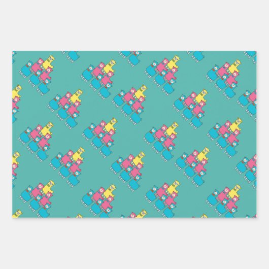 Niedliche, farbenfrohe Lama-Alpaca-Tiere aquamarin Geschenkpapier Set (Vorderseite)