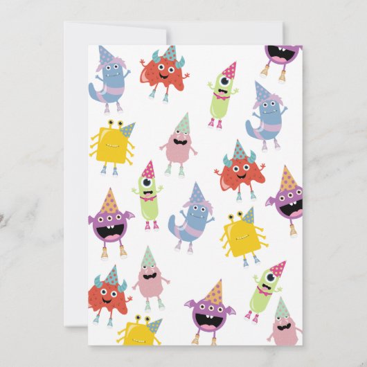 Niedliche farbenfrohe Monster Funny Kindergeburtst Einladung (Rückseite)