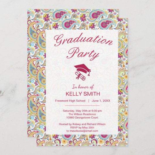 Niedliche farbenfrohe Paisley Mustergraduierungspa Einladung (Vorne/Hinten)