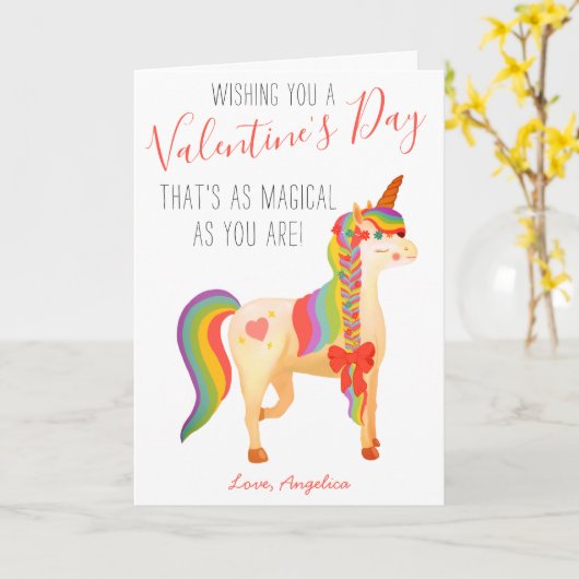 Niedliche Farbenfrohe Regenbogen Einhorn Valentins Karte (Gelbe Blume)