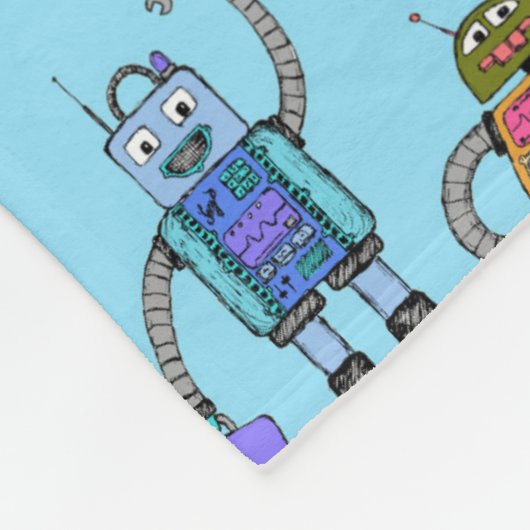 Niedliche, farbenfrohe Roboter auf blauem Hintergr Fleecedecke (Ecke)