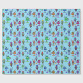 Niedliche, farbenfrohe Roboter auf blauem Hintergr Geschenkpapier (Flach)