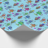 Niedliche, farbenfrohe Roboter auf blauem Hintergr Geschenkpapier (Ecke)