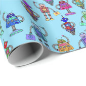 Niedliche, farbenfrohe Roboter auf blauem Hintergr Geschenkpapier (Rolleneckpunkt)