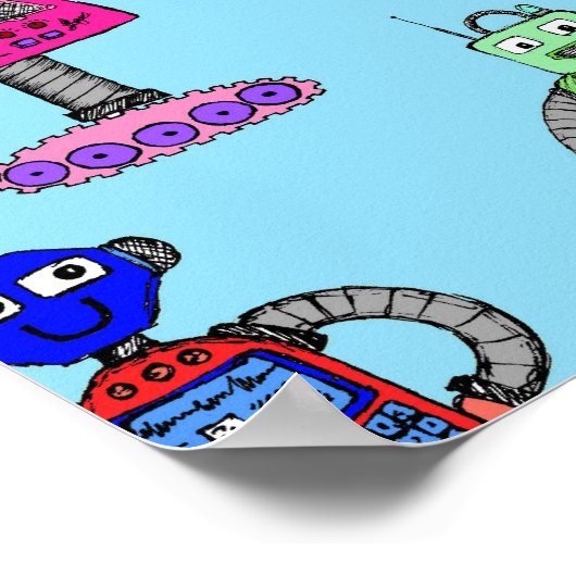 Niedliche, farbenfrohe Roboter auf blauem Hintergr Poster (Ecke)