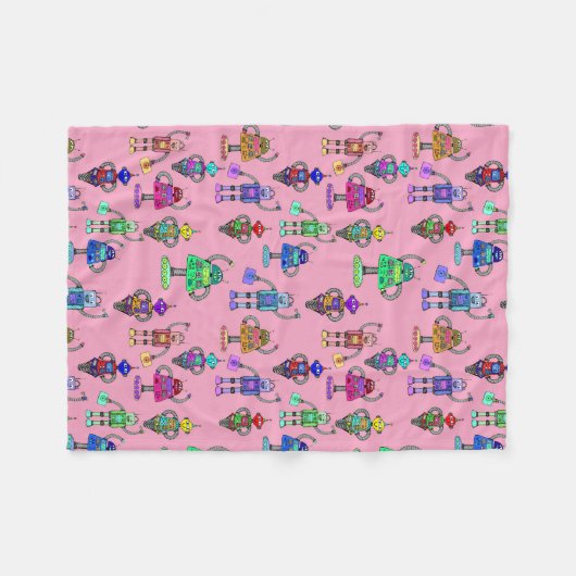 Niedliche, farbenfrohe Roboter auf rosafarbenem Hi Fleecedecke (Vorderseite (Horizontal))