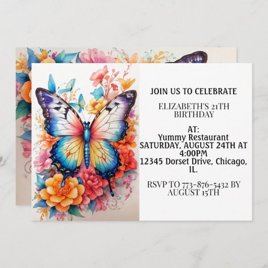 Niedliche Farbenfrohe Schmetterling Glücklich Gebu Einladung (Vorne/Hinten)