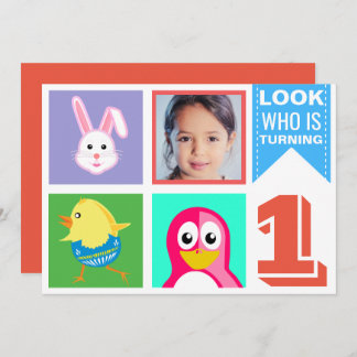 Niedliche, farbenfrohe Tiere erste Geburtstagspart Einladung