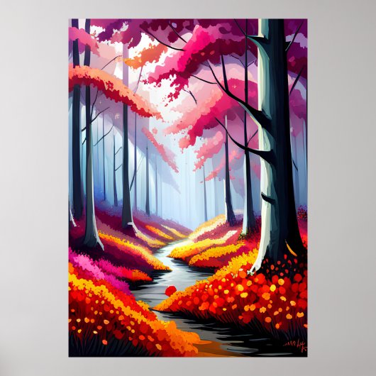 Niedliche farbenfrohe Waldflorenlandschaft Poster (Vorne)